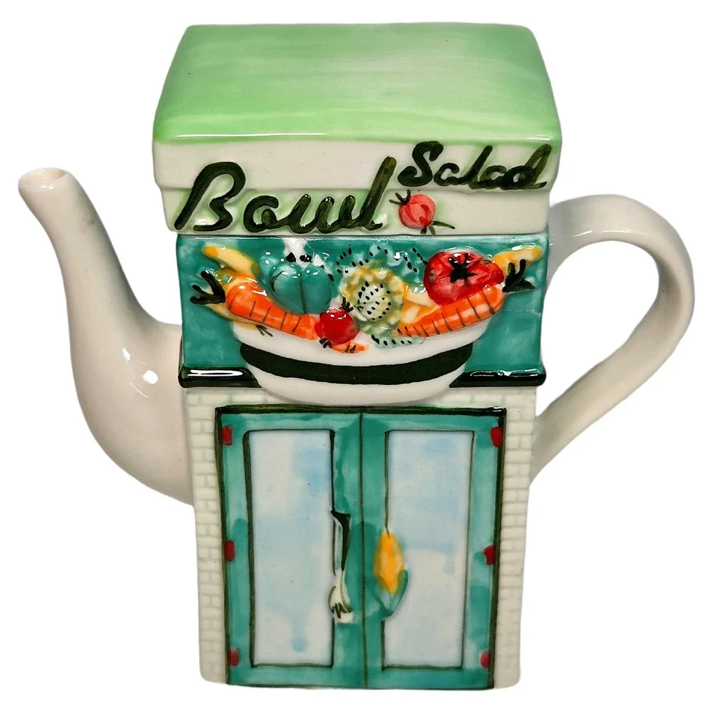 Retro Bowl Salad Bowling Novelty Teapot Hand Painted Ceramic Whimsigoth Tea‎ Pot